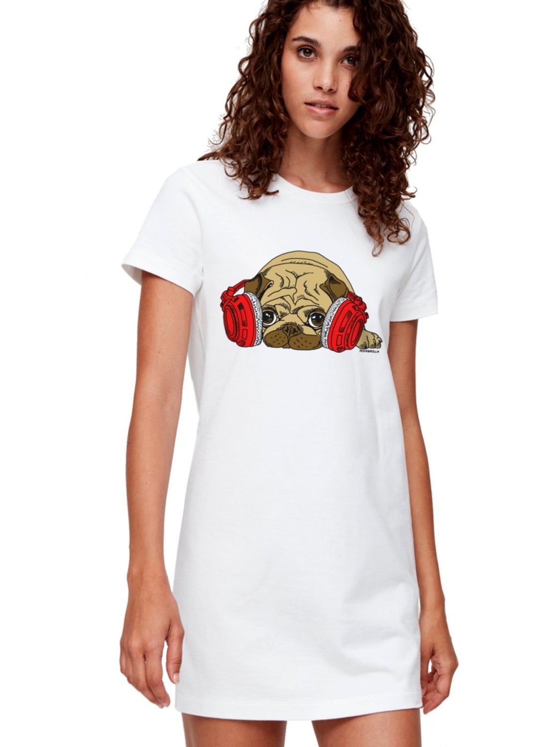 Rock & Roll Dog with Headphones White Short Sleeve Cotton T-Shirt Dress