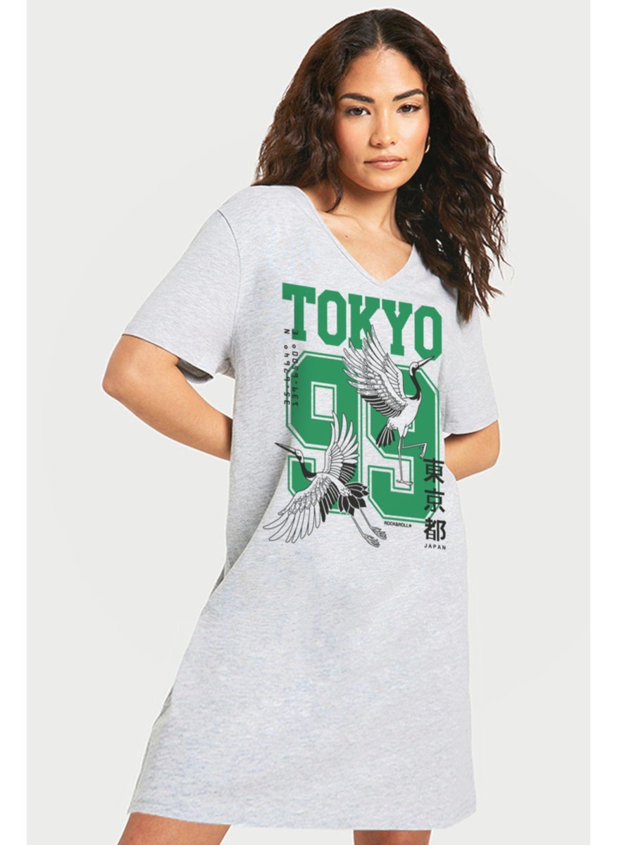 Tokyo Japan 99 Gray V Neck Half Sleeve Knee Length Home Dress Nightgown
