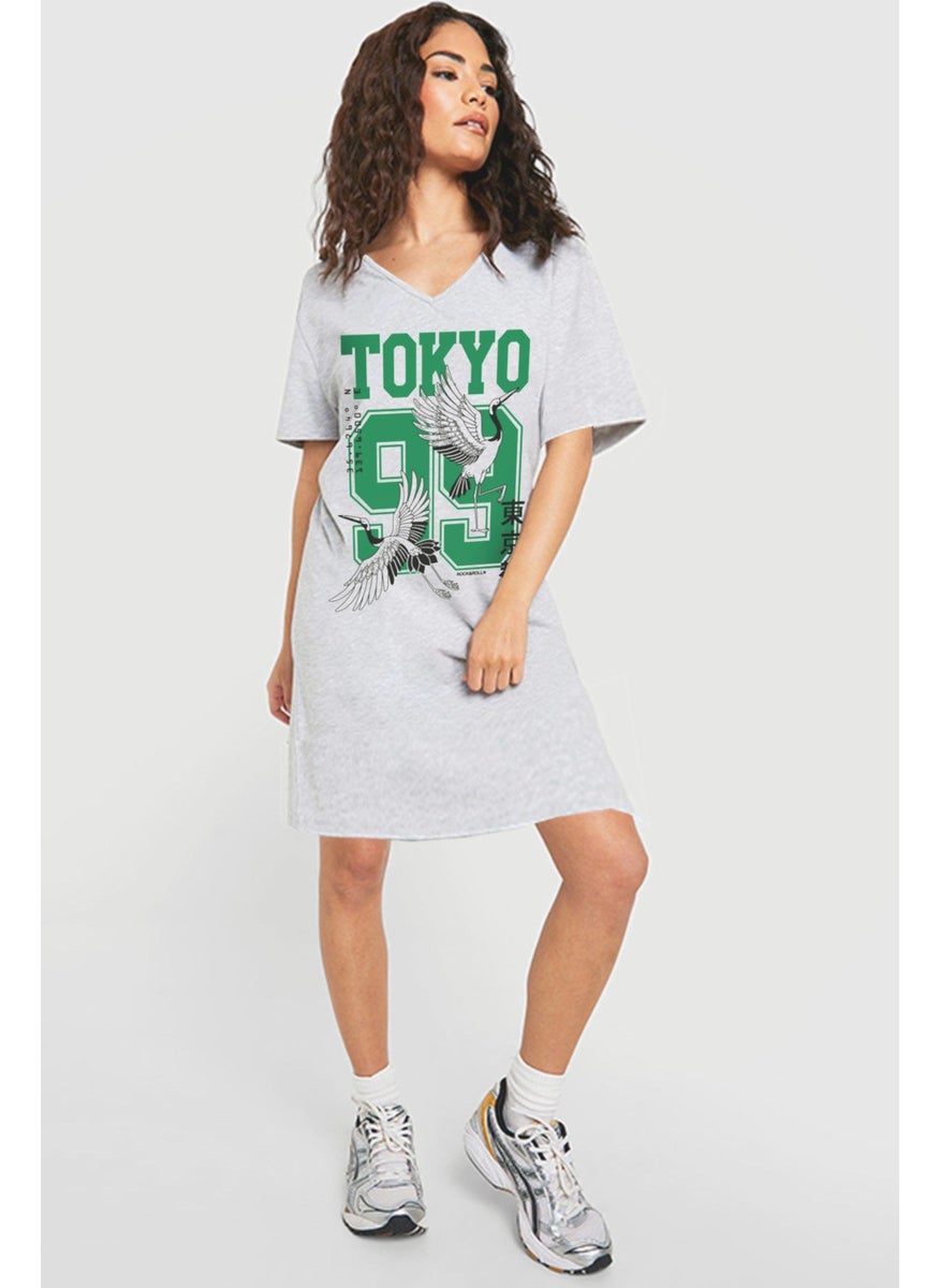 Tokyo Japan 99 Gray V Neck Half Sleeve Knee Length Home Dress Nightgown