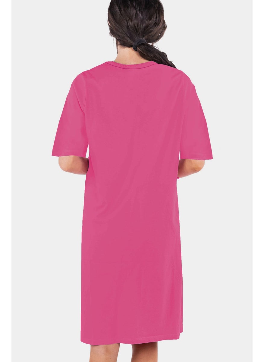Cheerful Bird Fuchsia V Neck Half Sleeve Knee Length Home Dress Nightgown