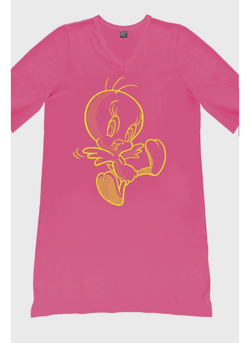 Cheerful Bird Fuchsia V Neck Half Sleeve Knee Length Home Dress Nightgown