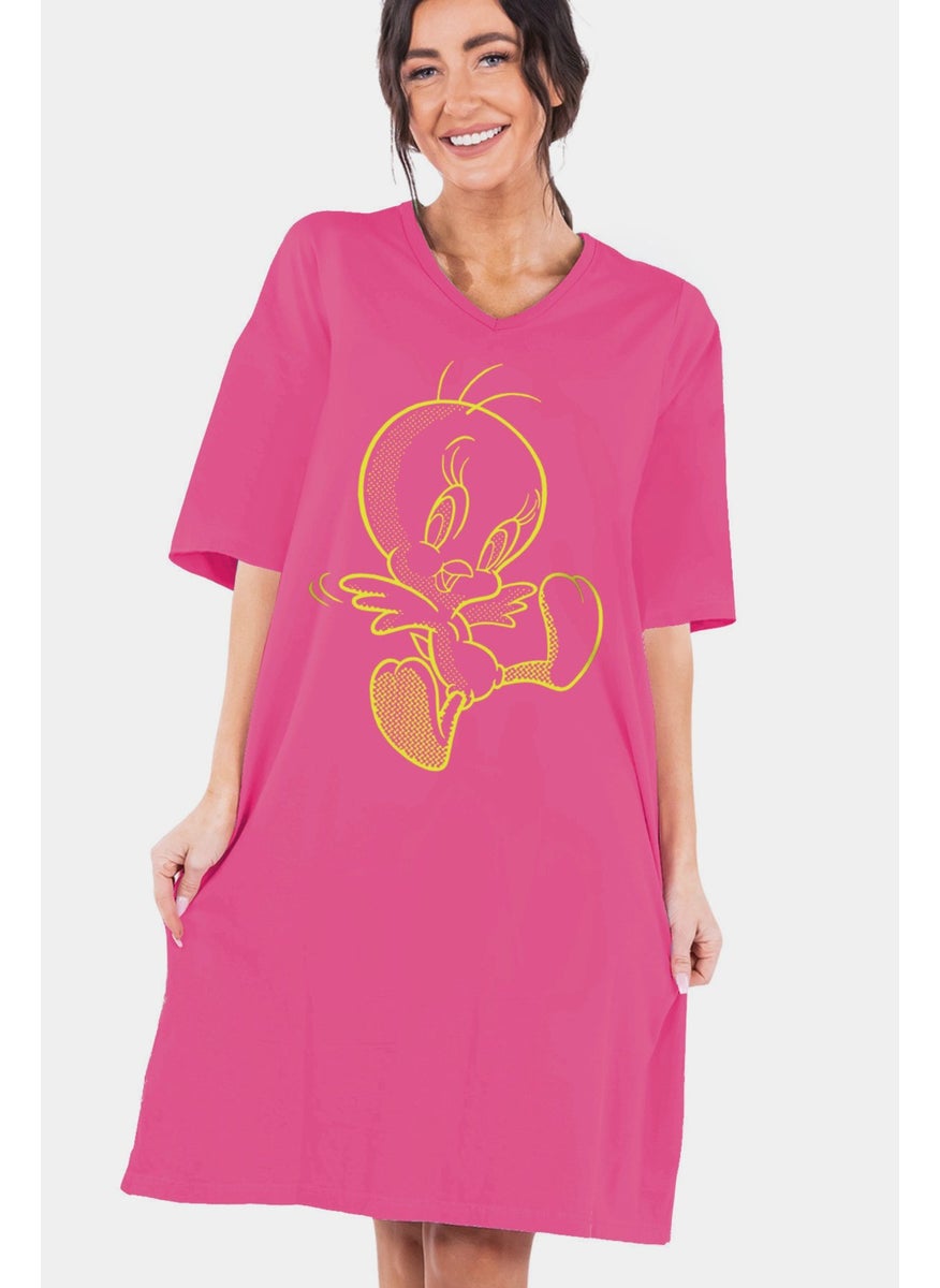 Cheerful Bird Fuchsia V Neck Half Sleeve Knee Length Home Dress Nightgown