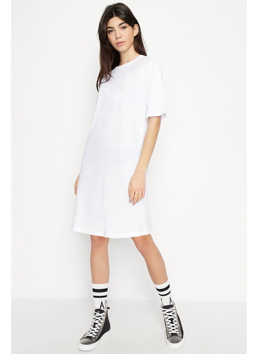Plain, Unprinted White Crew Neck Short Sleeve Above Knee Mid Length Combed Cotton Dress