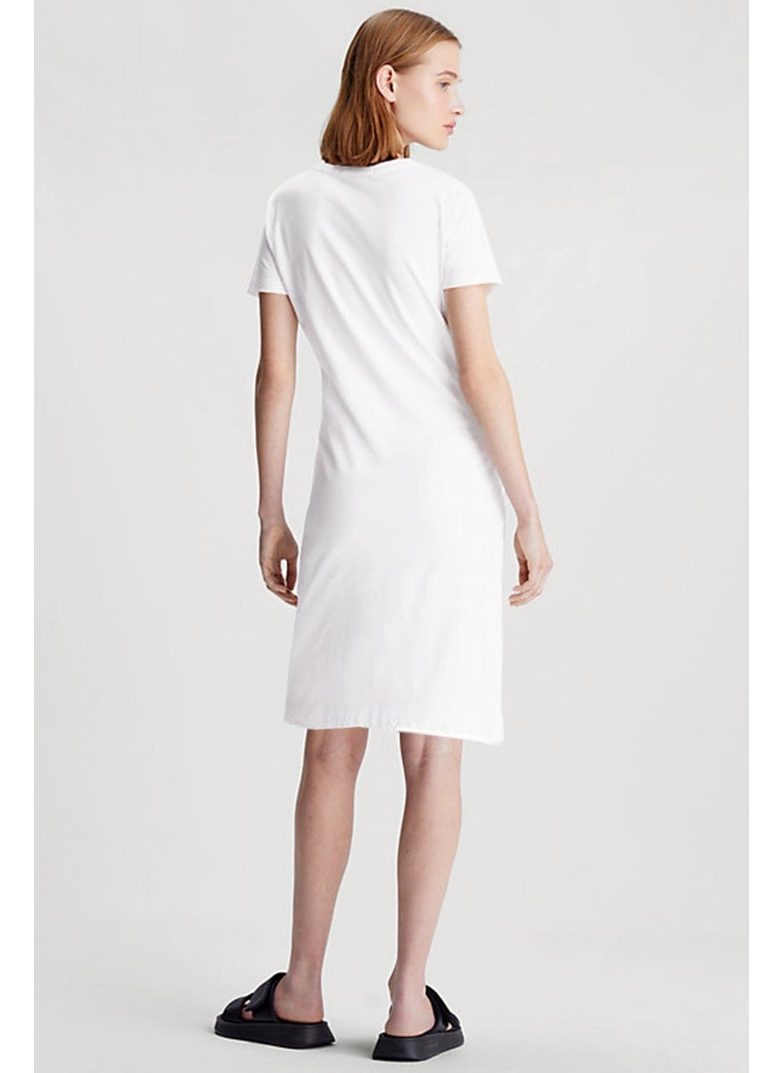 Plain, Unprinted White Crew Neck Short Sleeve Above Knee Mid Length Combed Cotton Dress