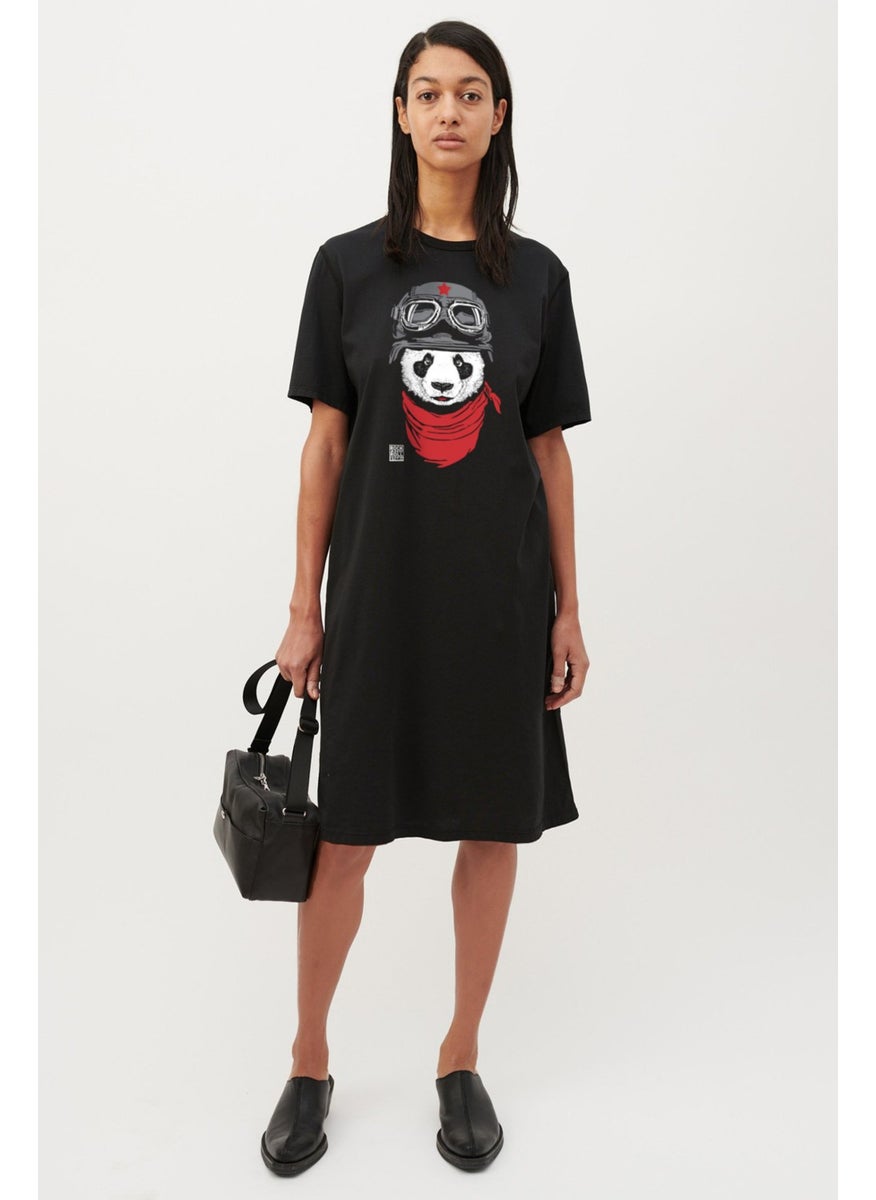 Rock & Roll Bandana Panda Black Short Sleeve Above Knee Mid Length Cotton Dress