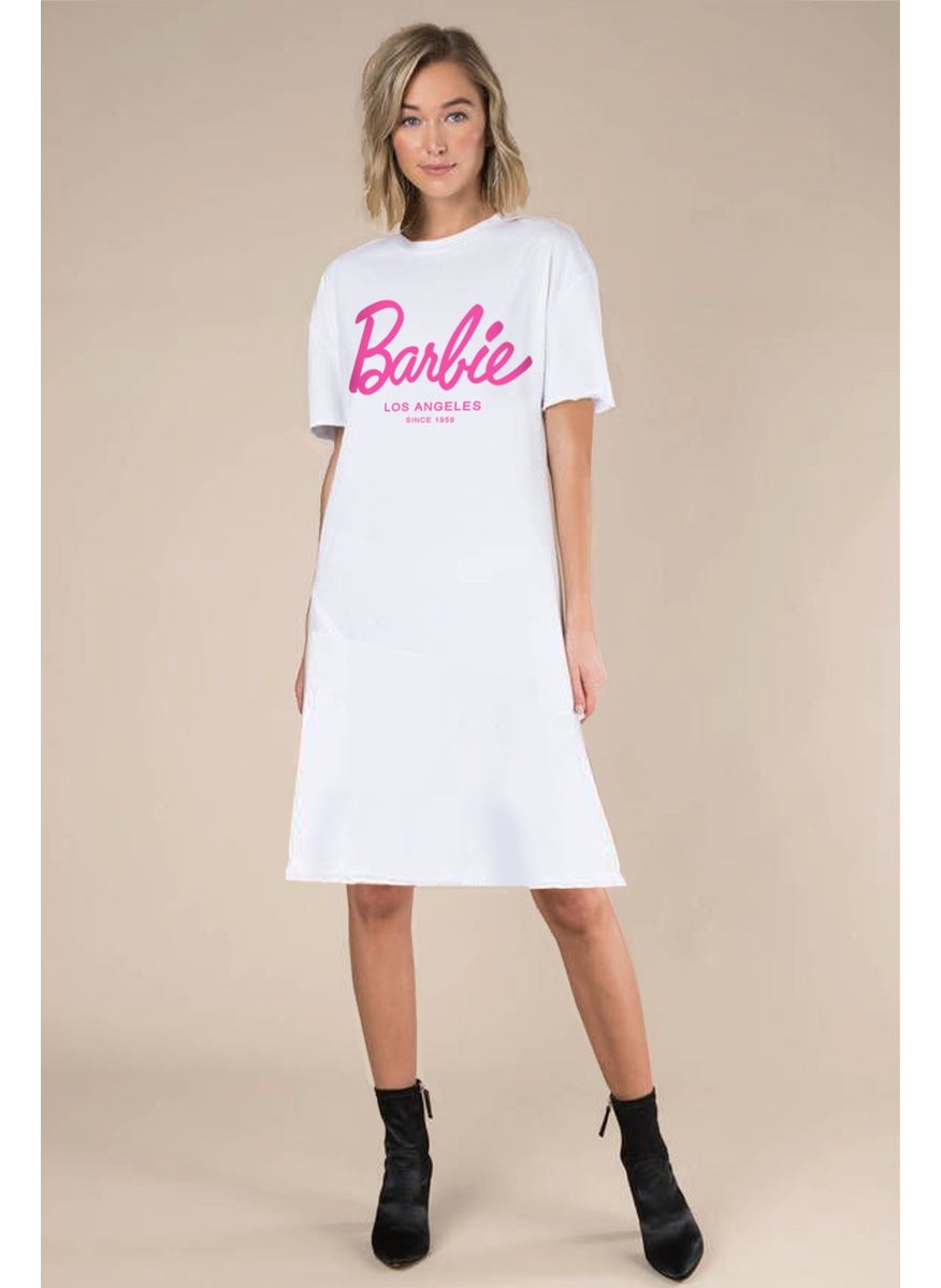 Barbie Girl White Short Sleeve Above Knee Mid Length Cotton Dress