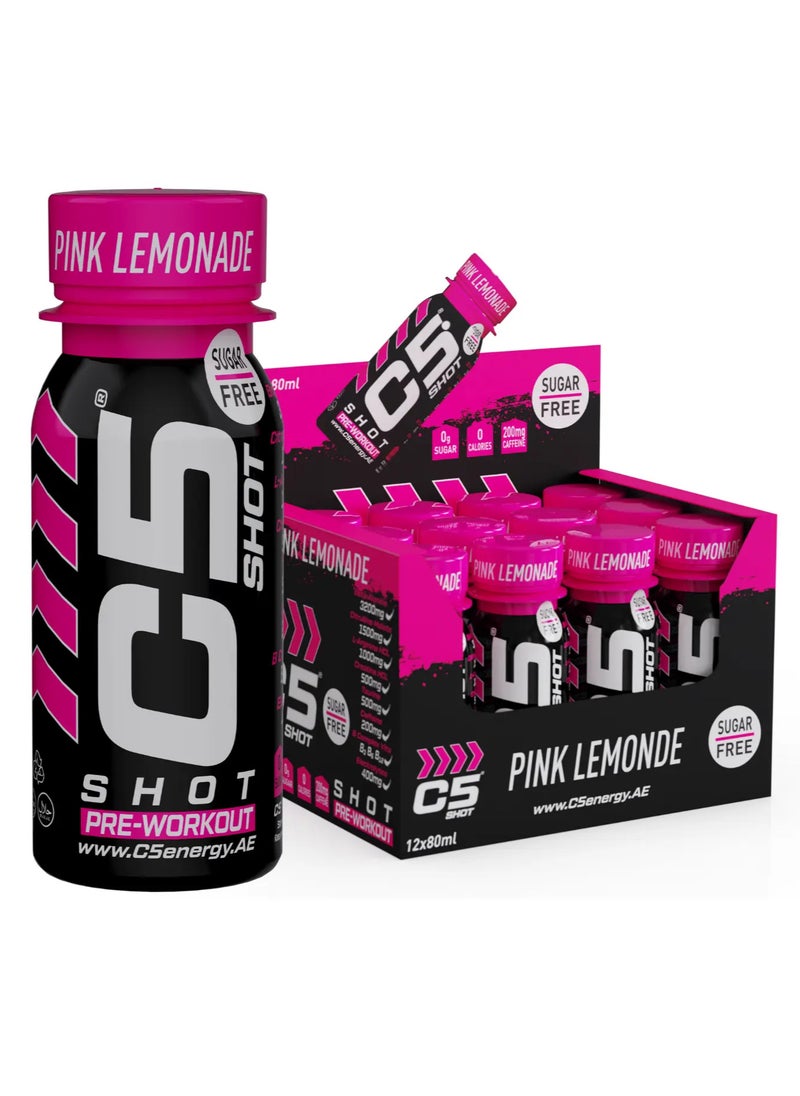 C5 SHOT Pre-Workout Drink | 80ml Liquid Energy Shot | 200mg Caffeine, Beta-Alanine, Creatine, Citrulline | Sugar Free | Zero Calories (Pack of 12, Pink Lemonade)