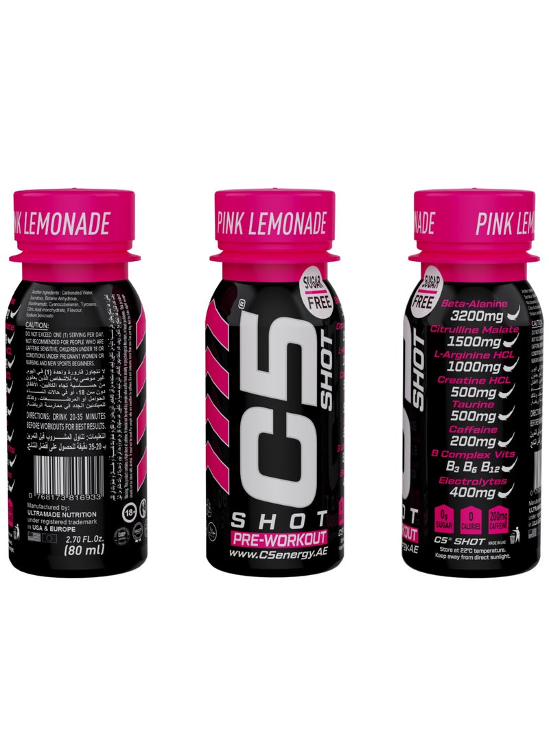 C5 SHOT Pre-Workout Drink | 80ml Liquid Energy Shot | 200mg Caffeine, Beta-Alanine, Creatine, Citrulline | Sugar Free | Zero Calories (Pack of 12, Pink Lemonade)