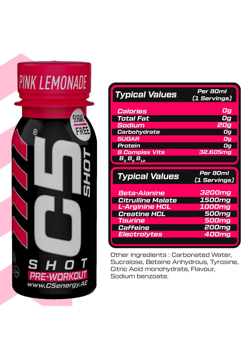 C5 SHOT Pre-Workout Drink | 80ml Liquid Energy Shot | 200mg Caffeine, Beta-Alanine, Creatine, Citrulline | Sugar Free | Zero Calories (Pack of 12, Pink Lemonade)