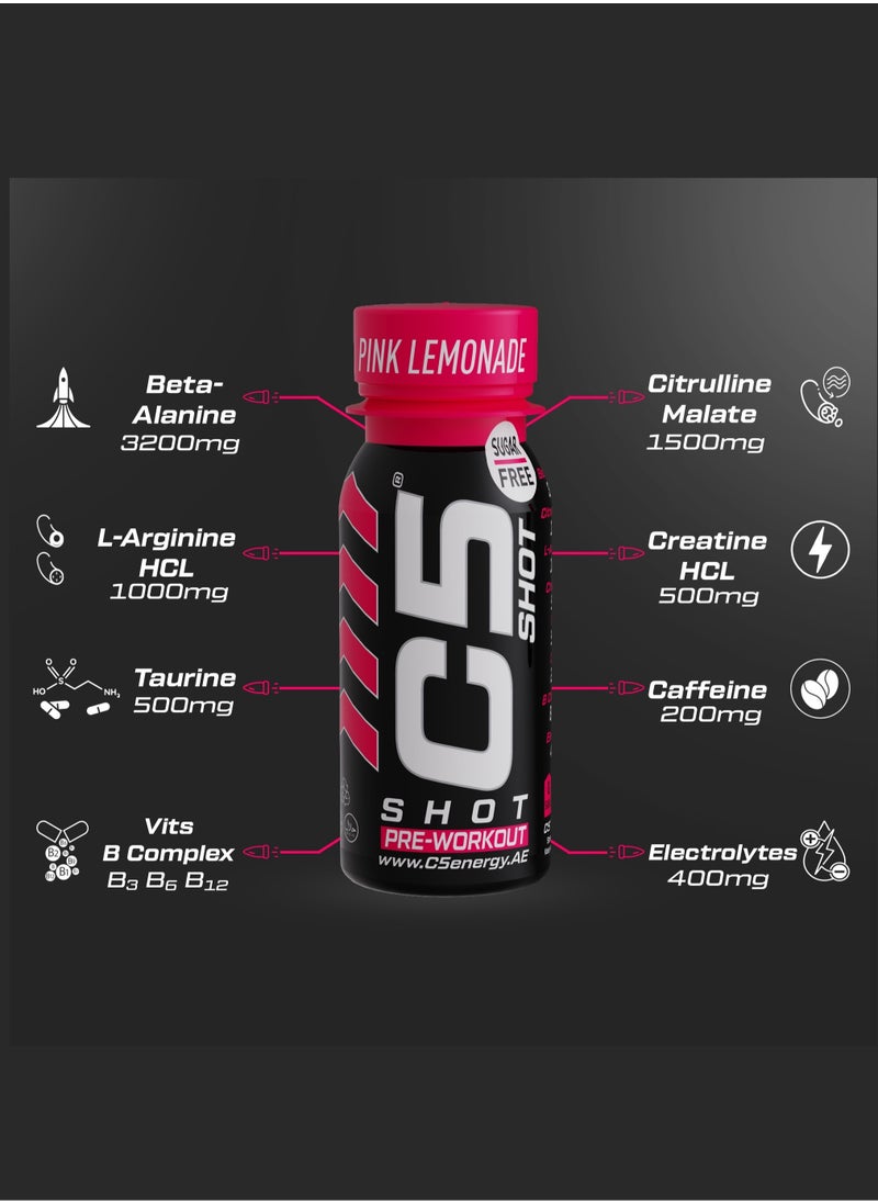 C5 SHOT Pre-Workout Drink | 80ml Liquid Energy Shot | 200mg Caffeine, Beta-Alanine, Creatine, Citrulline | Sugar Free | Zero Calories (Pack of 12, Pink Lemonade)