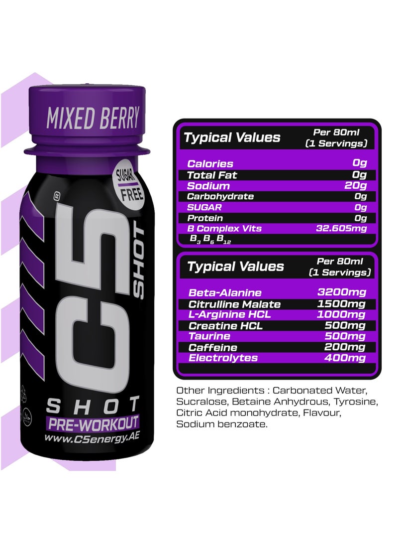 C5 SHOT Pre-Workout Drink | 80ml Liquid Energy Shot | 200mg Caffeine, Beta-Alanine, Creatine, Citrulline | Sugar Free | Zero Calories (Pack of 12, Mixed Berry)