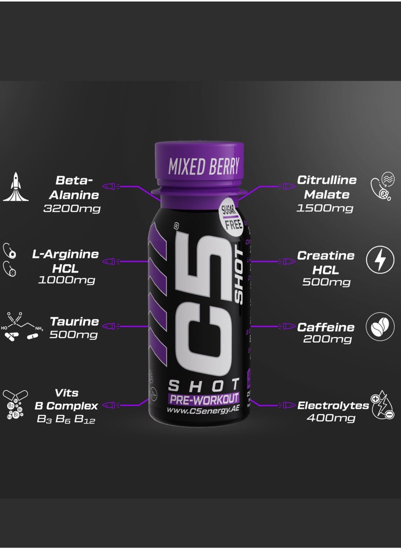 C5 SHOT Pre-Workout Drink | 80ml Liquid Energy Shot | 200mg Caffeine, Beta-Alanine, Creatine, Citrulline | Sugar Free | Zero Calories (Pack of 12, Mixed Berry)