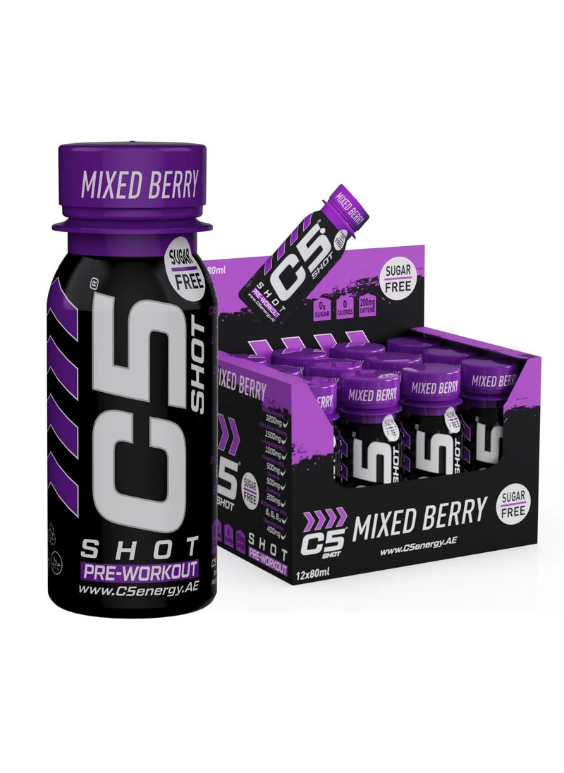 C5 SHOT Pre-Workout Drink | 80ml Liquid Energy Shot | 200mg Caffeine, Beta-Alanine, Creatine, Citrulline | Sugar Free | Zero Calories (Pack of 12, Mixed Berry)