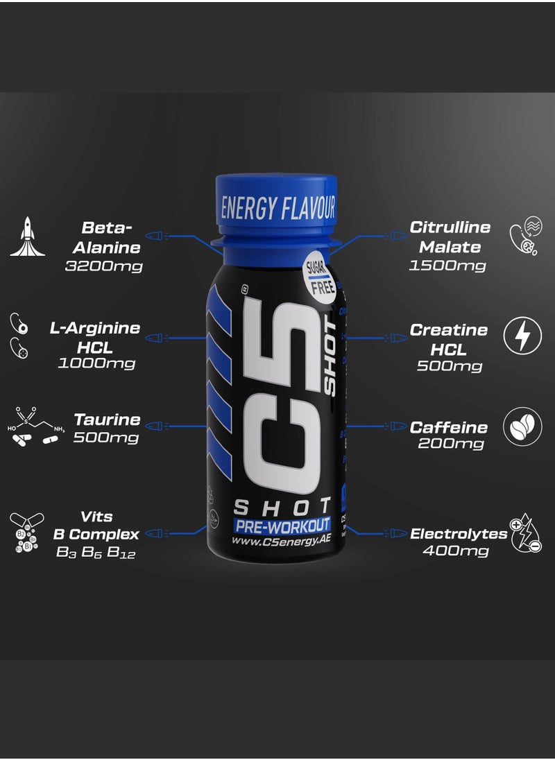 C5 SHOT Pre-Workout Drink | 80ml Liquid Energy Shot | 200mg Caffeine, Beta-Alanine, Creatine, Citrulline | Sugar Free | Zero Calories  (Pack of 12, Energy Flavour)