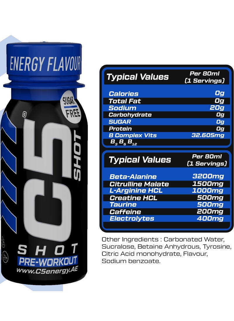 C5 SHOT Pre-Workout Drink | 80ml Liquid Energy Shot | 200mg Caffeine, Beta-Alanine, Creatine, Citrulline | Sugar Free | Zero Calories  (Pack of 12, Energy Flavour)