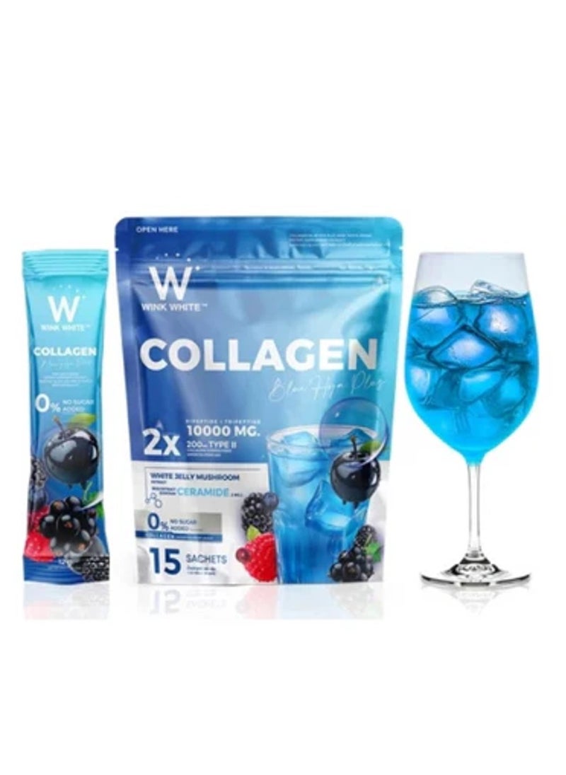 Wink White Collagen Blue Hya Plus – 10,000mg Collagen + Ceramide, White Jelly Mushroom Formula – Skin Glow & Anti-Aging Drink – 15 Sachets