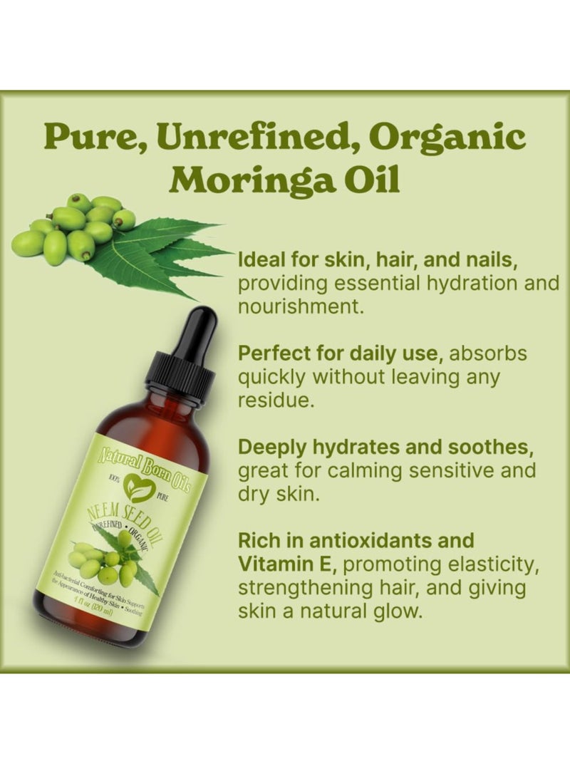 Natural Born Oils Neem Oil, 8oz, Organic, Cold-Pressed, Vitamin E & Essential Fatty Acids, Ideal for Moisturizing Skin, Hair Care