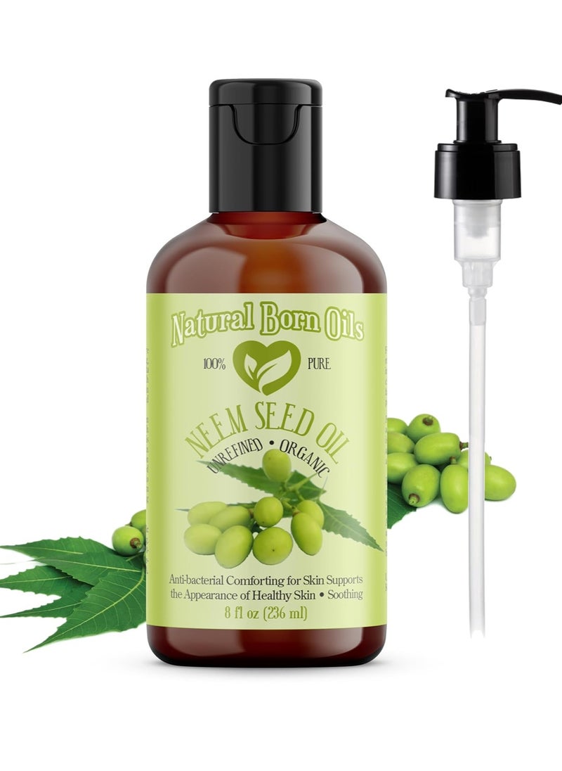 Natural Born Oils Neem Oil, 8oz, Organic, Cold-Pressed, Vitamin E & Essential Fatty Acids, Ideal for Moisturizing Skin, Hair Care