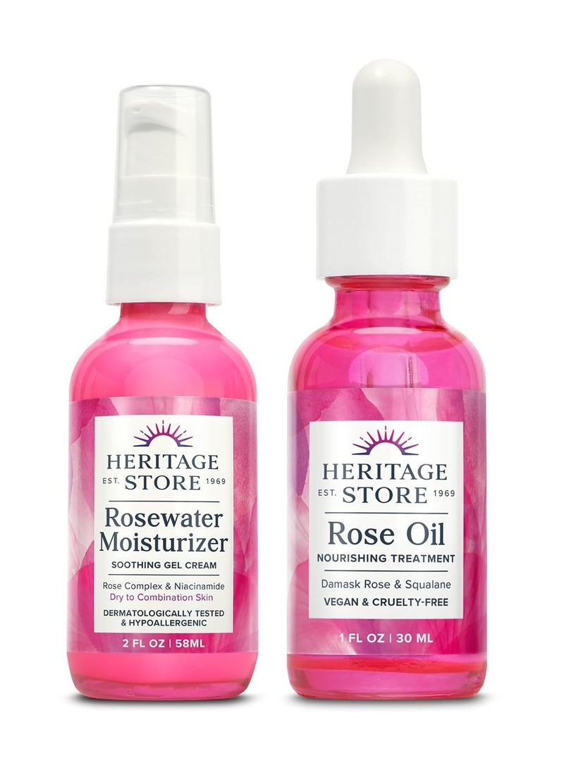 HERITAGE STORE Rosewater Facial Moisturizer and Rose Oil - Fresh Hydration Bundle for Dry to Combination Skin Care - With Hyaluronic Acid and Our Signature Rose Complex - Vegan, Hypoallergenic, 60-Day
