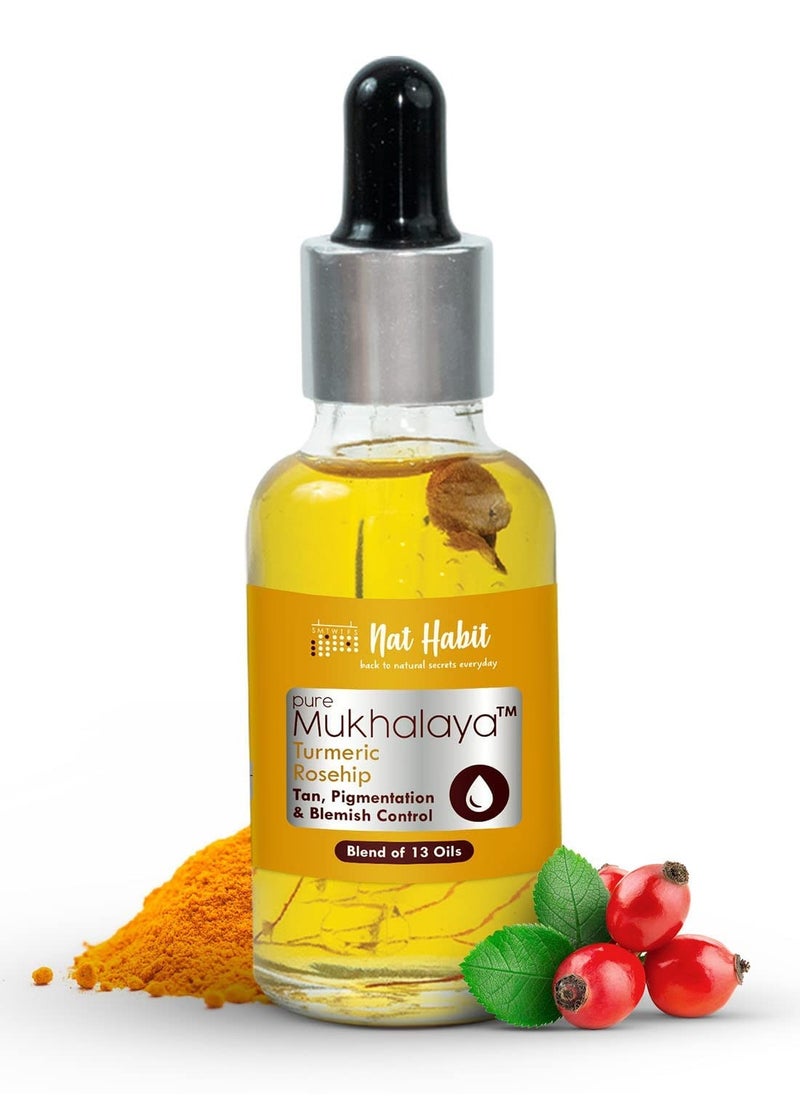 Turmeric Rosehip Mukhalaya Face Oil For Tan, Blend of 13 Cold Pressed Oils, For Natural Face Care, Free From Mineral Oil & Chemicals, 30ml