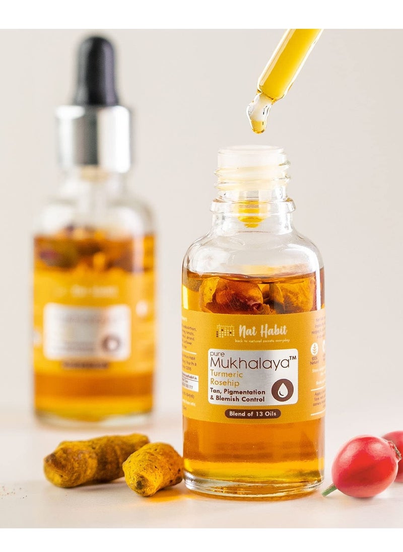 Turmeric Rosehip Mukhalaya Face Oil For Tan, Blend of 13 Cold Pressed Oils, For Natural Face Care, Free From Mineral Oil & Chemicals, 30ml