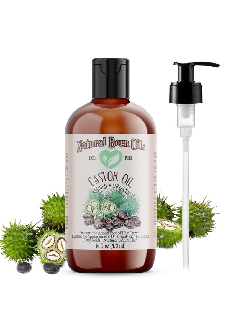 Natural Born Oils Castor Oil, 16oz, Organic, Cold-Pressed, Nutrient-Rich, Deep Skin Nourishment, Hair Strengthening