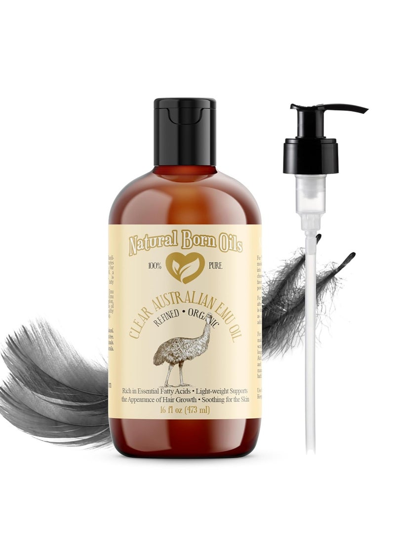 Natural Born Oils Ultra Clear Emu Oil, 16oz, Organic, Fully Refined, Nutrient-Rich, Intense Skin Moisturizer, Hair Strengthener