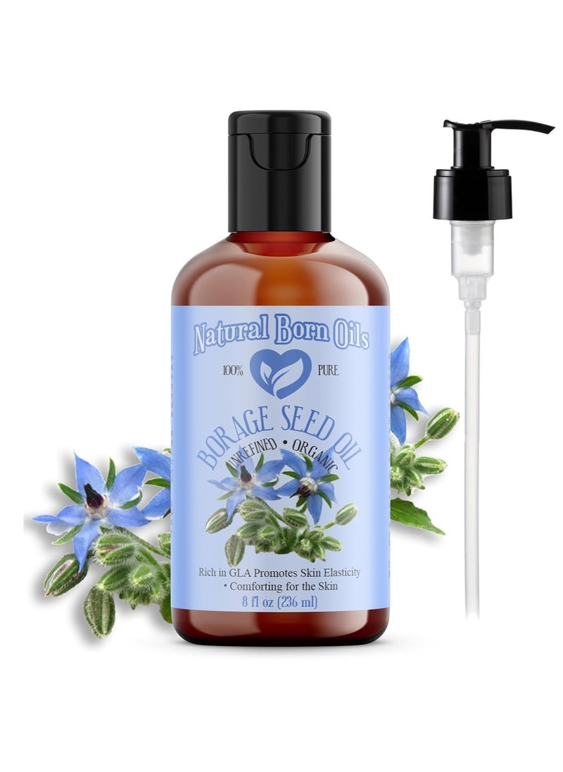Natural Born Oils Borage Seed Oil, 8oz, Organic, Cold-Pressed, Carrier Oil, Omega-6 Rich, Skin Moisturizer, Hair Health Enhancer