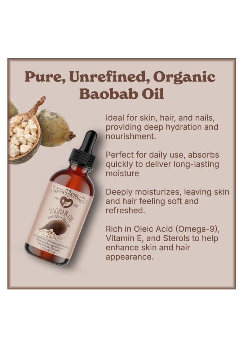 Natural Born Oils Baobab Oil, 8oz, Organic, Cold-Pressed, Antioxidant-Rich, Enhances Skin Elasticity, Strengthens Hair