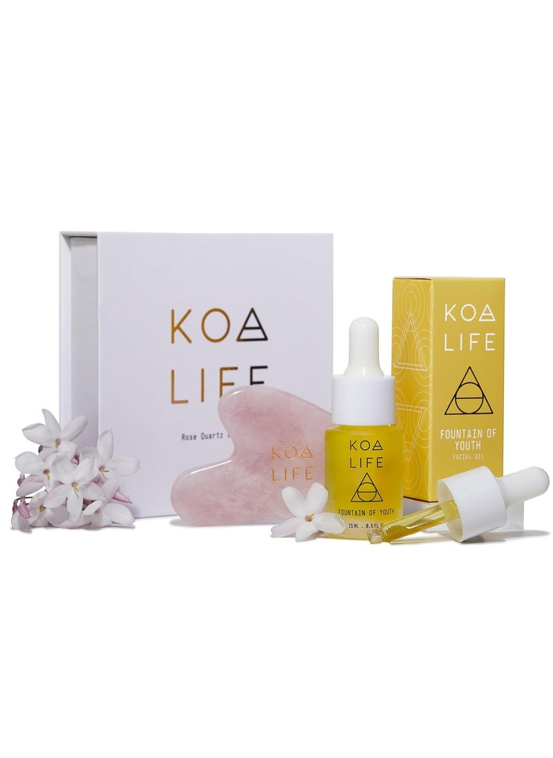 KOA LIFE Anti-Aging Set - Anti-Aging Facial Oil, Deep Hydration, Rosehip Oil, Gua Sha Massage Stone, Organic Ingredients, Allergen Free - 0.5 Oz