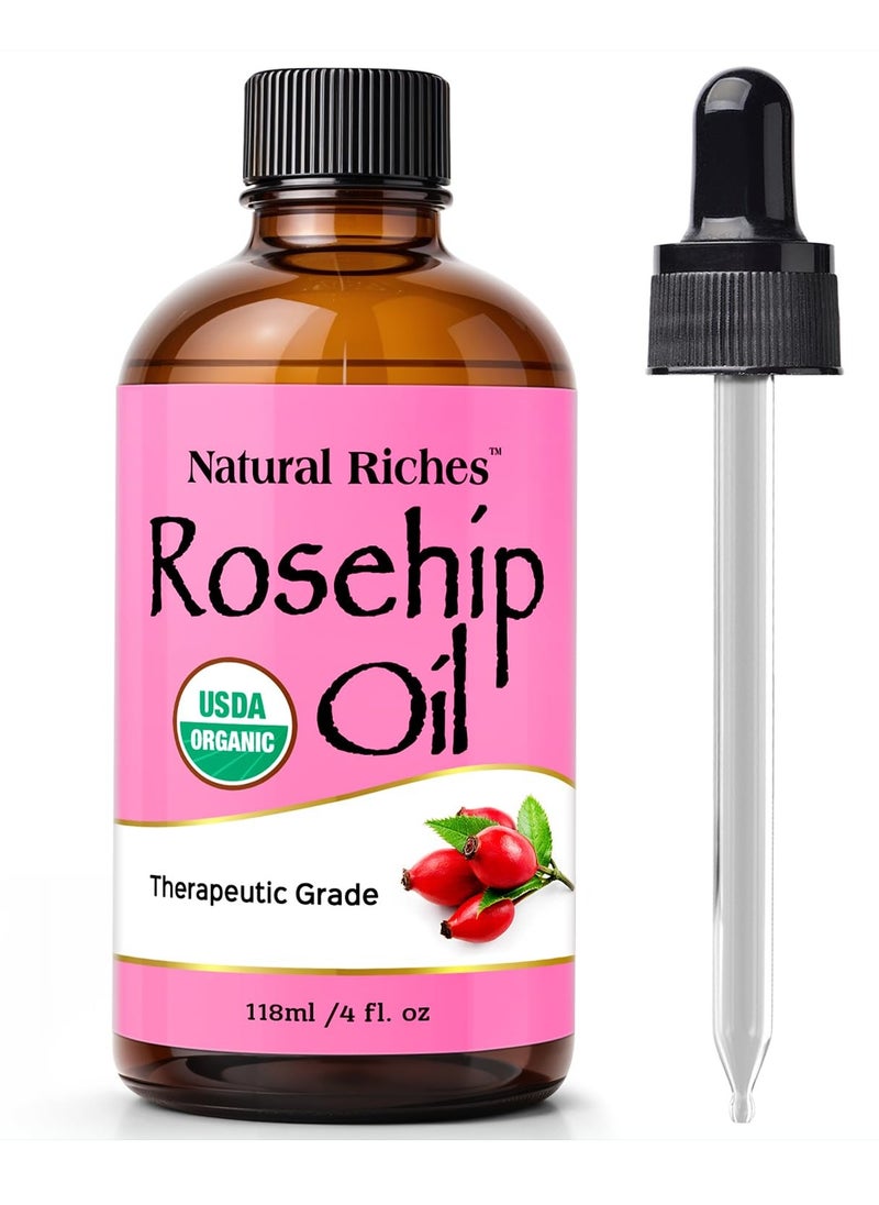 Natural Riches Organic Rosehip Seed Oil for Face 100% Pure Natural Cold Pressed Unrefined Non-GMO Carrier Oil for Skin Hair & Nails. 4 fl oz.