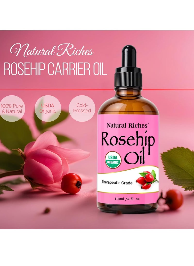 Natural Riches Organic Rosehip Seed Oil for Face 100% Pure Natural Cold Pressed Unrefined Non-GMO Carrier Oil for Skin Hair & Nails. 4 fl oz.