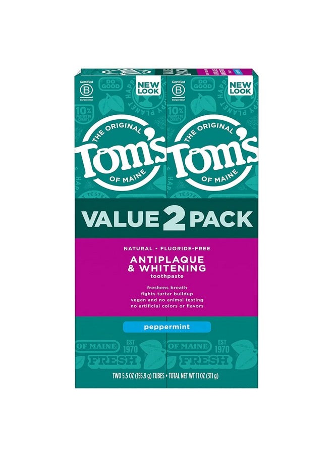 Tom's of Maine Fluoride-Free Antiplaque & Whitening Natural Toothpaste, Peppermint, 5.5 oz. (Pack of 2)