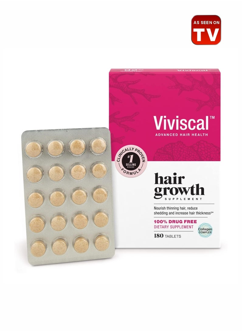Viviscal Hair Growth Supplements for Women, Clinically Proven Hair Growth Product with Proprietary Collagen Complex, Results of Thicker, Fuller Hair Nourish Hair Loss, 180 Tablets - 3 Month Supply