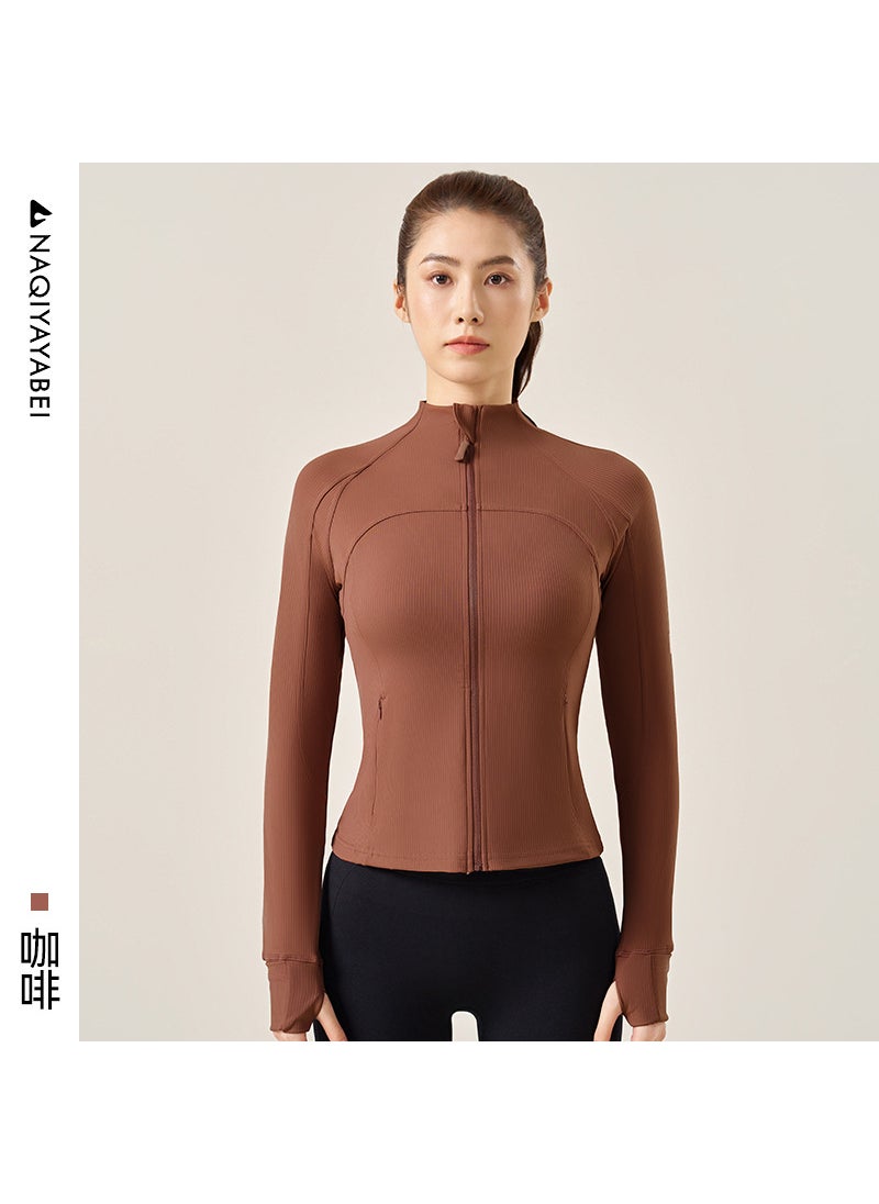 Womens Slim Fit Yoga Jacket Long Sleeve Running Coffee