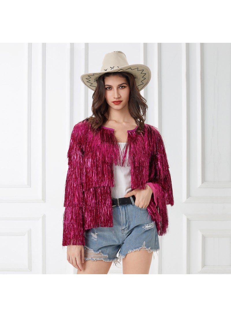 Fashion Tassel Cardigan Performance Jacket rose red
