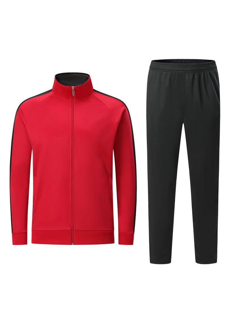 Mens Fleece-Lined Soccer Basketball Red Training Suit Autumn Winter Long Sleeve Sportswear 6801 Red
