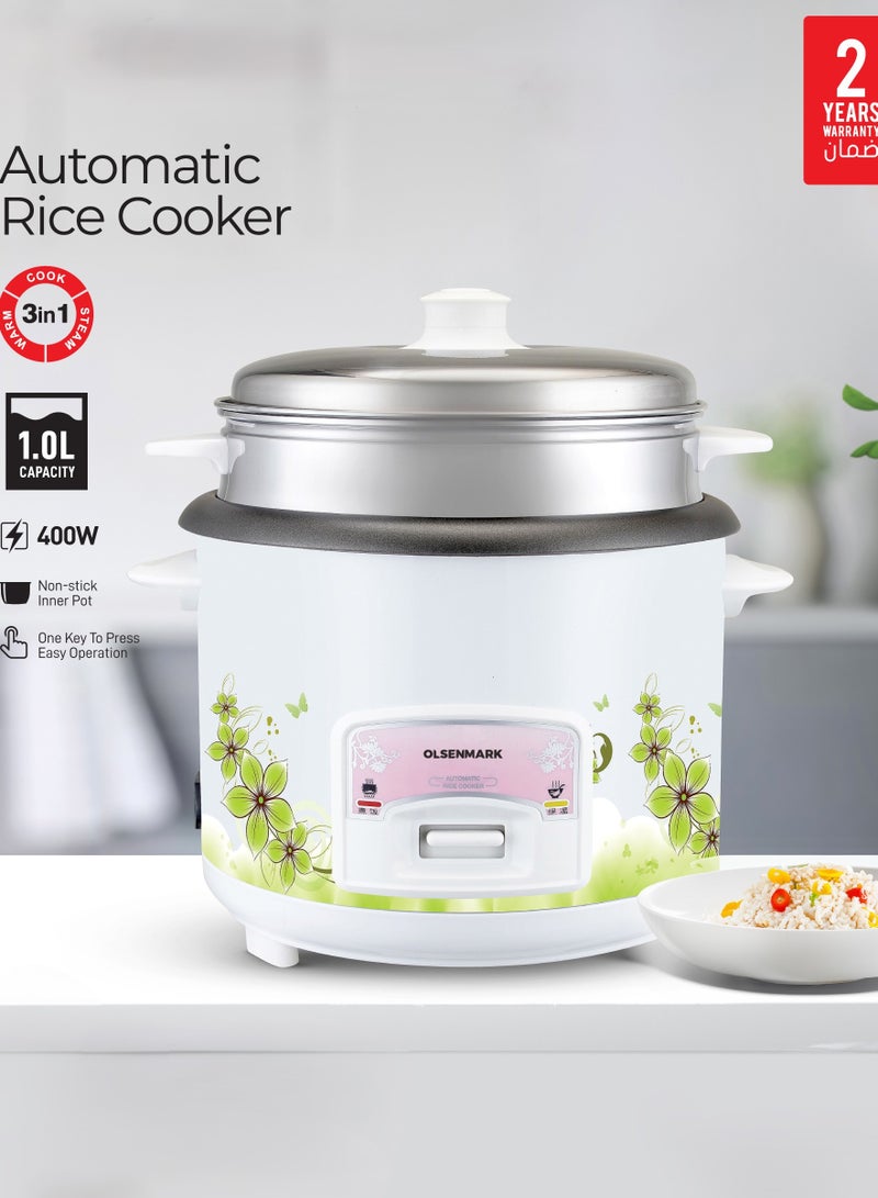 3 In 1 Automatic Rice Cooker, Cook, Steam and Keep Warm, Aluminum Non-Stick Inner Pot 1 L 400 W OMRC7025 White