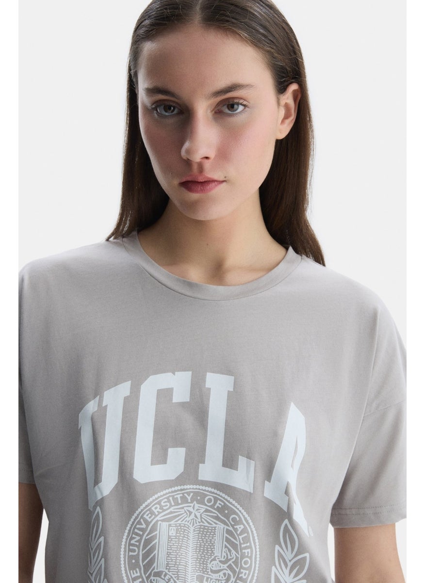 Avalon Gray Crew Neck Printed Oversize Women's Tshirt