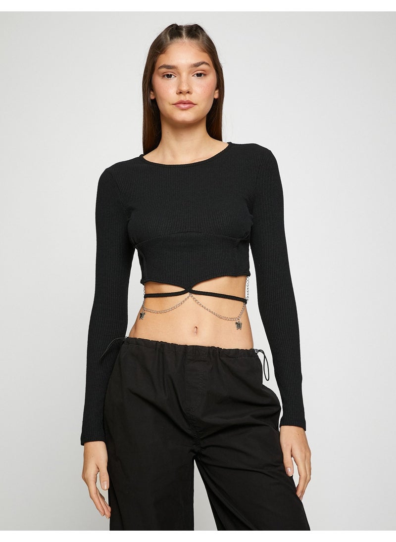 Crop T-Shirt Chain Detailed Long Sleeve Crew Neck