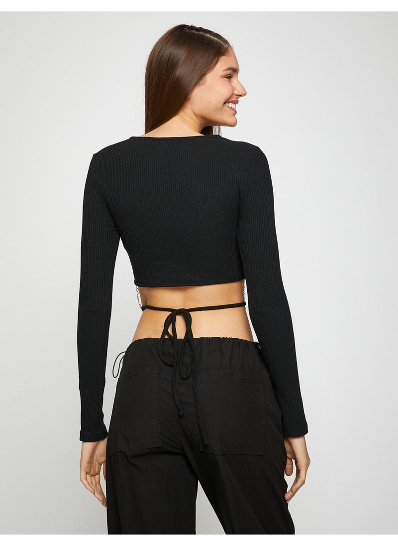 Crop T-Shirt Chain Detailed Long Sleeve Crew Neck
