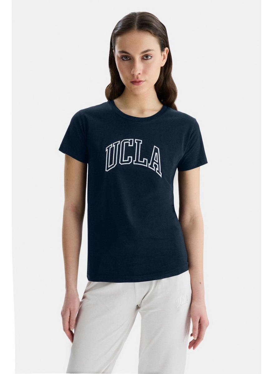 Angela Navy Blue Crew Neck Embroidered Standard Fit Women's T-Shirt