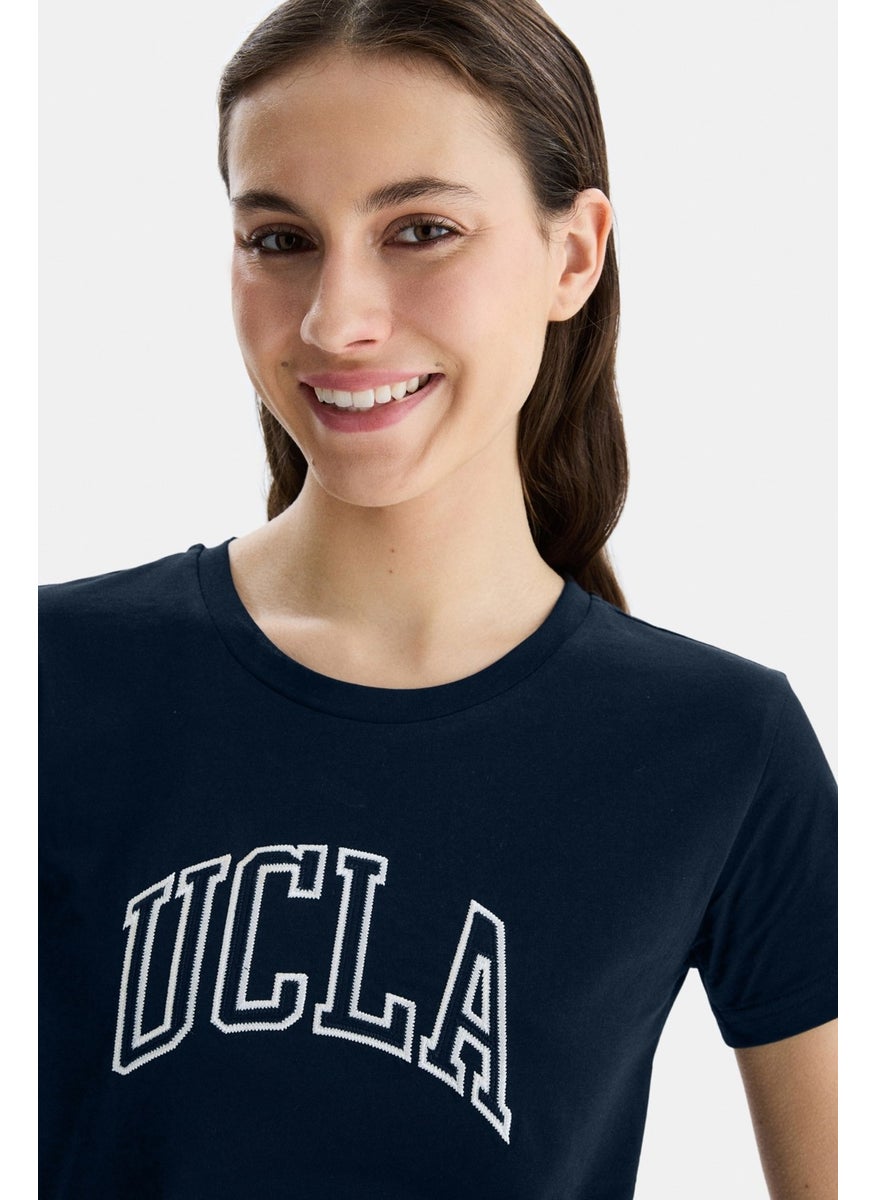 Angela Navy Blue Crew Neck Embroidered Standard Fit Women's T-Shirt