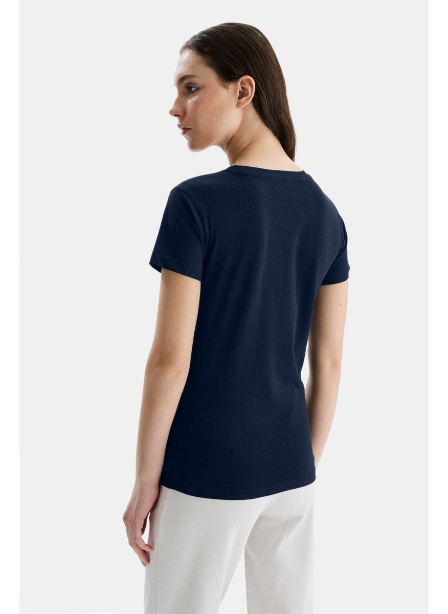 Angela Navy Blue Crew Neck Embroidered Standard Fit Women's T-Shirt