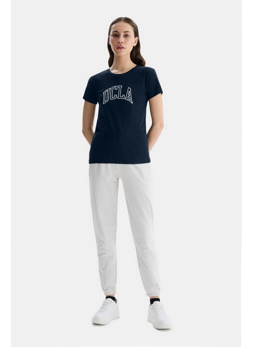 Angela Navy Blue Crew Neck Embroidered Standard Fit Women's T-Shirt