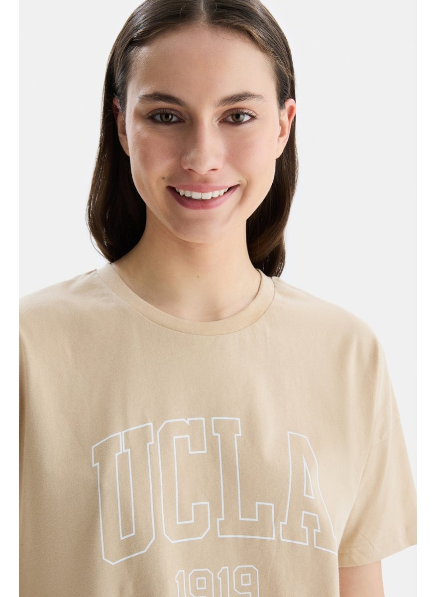 Sanchez Brown Crew Neck Printed Standard Fit Women's Tshirt