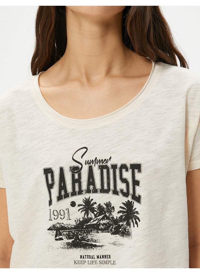 Boat Neck T-Shirt Printed Short Sleeve Cotton