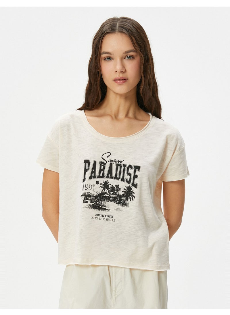 Boat Neck T-Shirt Printed Short Sleeve Cotton