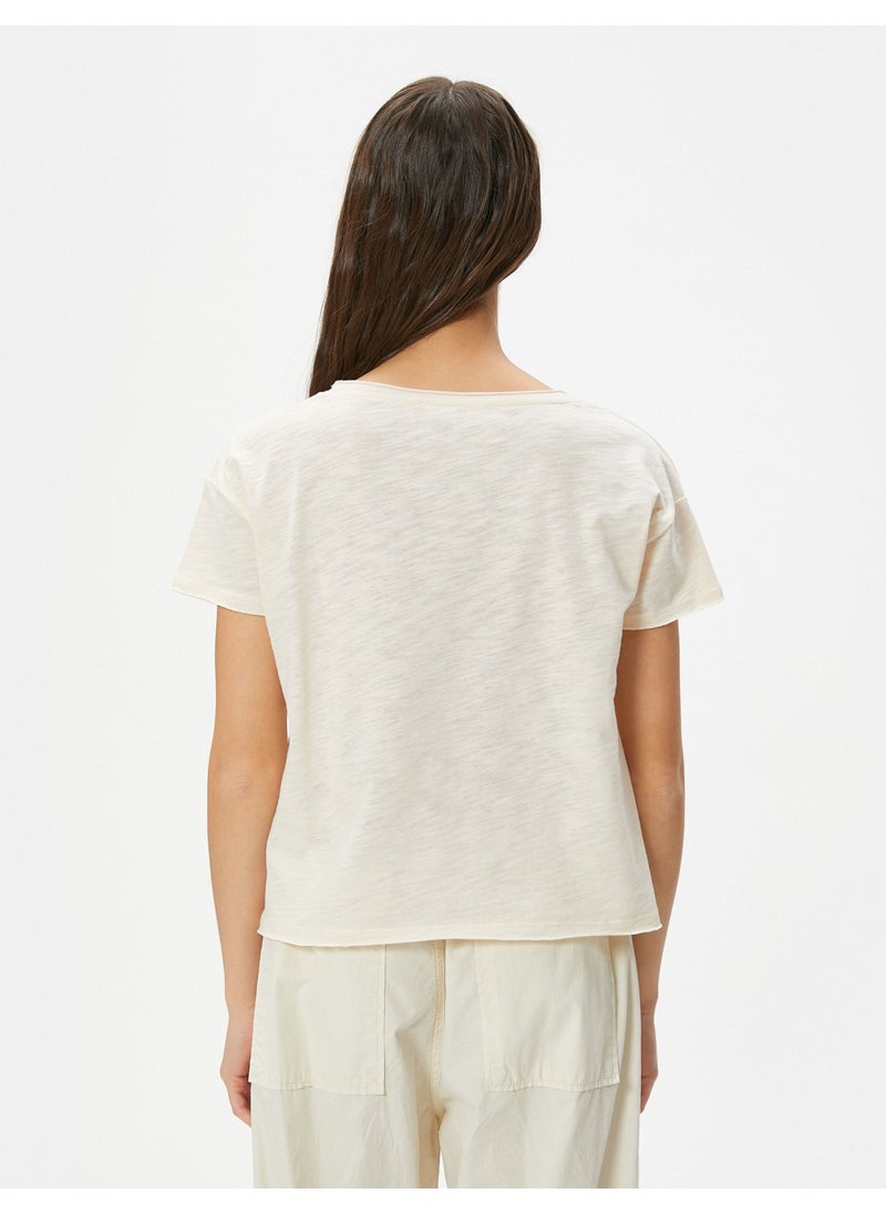 Boat Neck T-Shirt Printed Short Sleeve Cotton