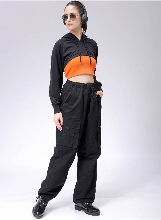 Women Relaxed Fit Solid Hooded Sweatshirt